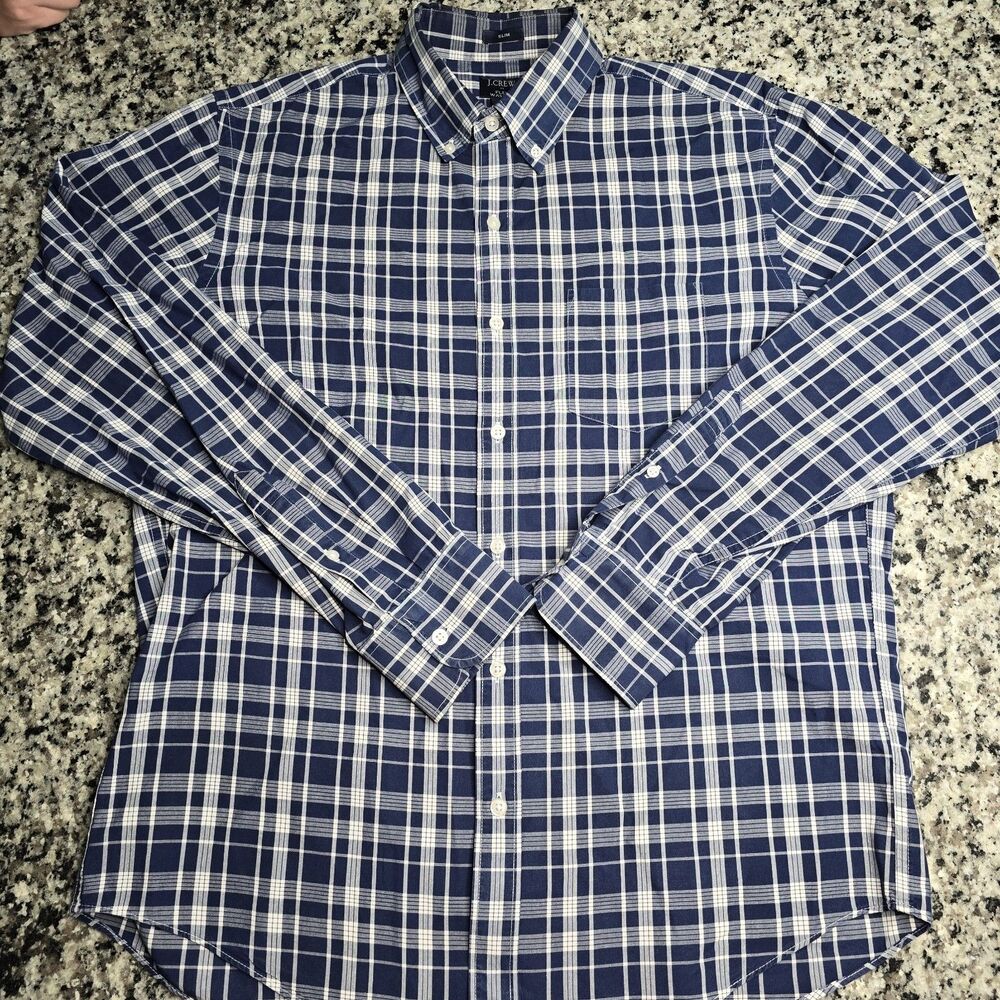 J.CREW Men's Long Sleeve Flex Washed Blue Slim Plaid Button Down Shirt Large